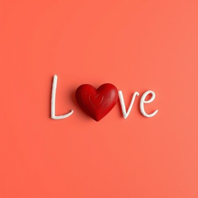 Red heart with love text on coral background