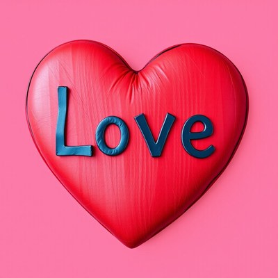 Red heart cushion with love text on pink background