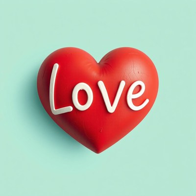 Red heart shaped object with love text on mint background