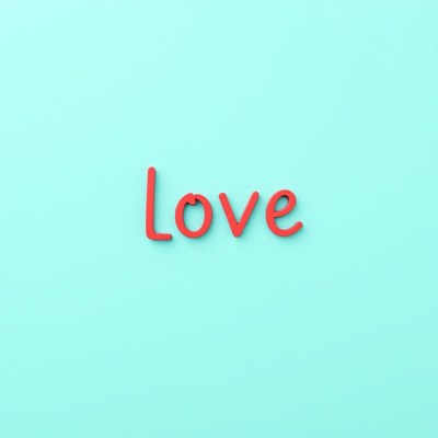 Red love text on light blue background