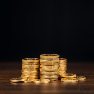 Stacked coins on a wooden surface against a black background