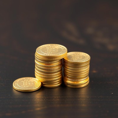 Stacked cryptocurrency coins on dark wooden surface
