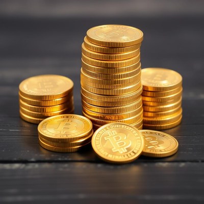 Stacked gold coins displayed on black wooden surface
