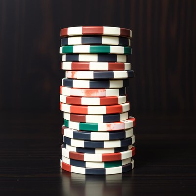 Stacked poker chips on a table in dim light