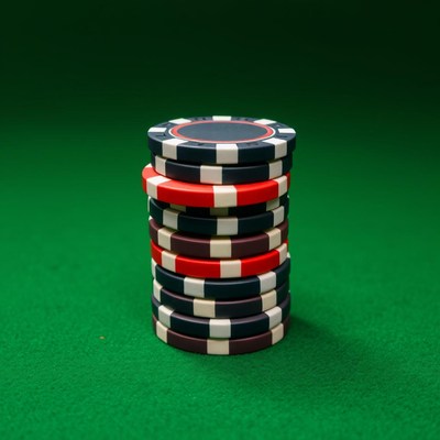 Stacked poker chips ready for betting at casino table