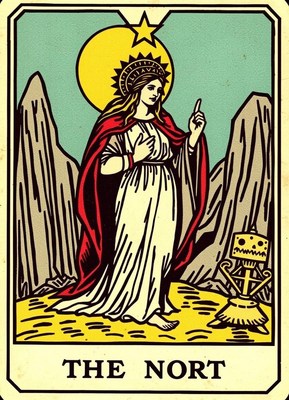 Mythical figure in mountains at sunrise