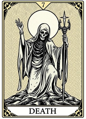 Death tarot card illustration with skeleton and staff