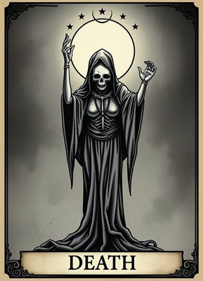 Grim reaper represented in dark artwork with moon