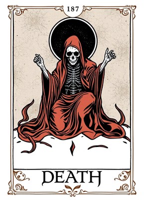 Artistic representation of death sitting on a cloud