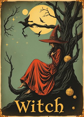 Witch seated under tree with moonlit background