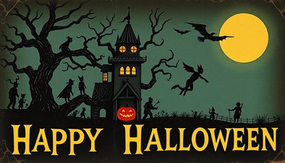 Halloween celebration at spooky house under moonlight