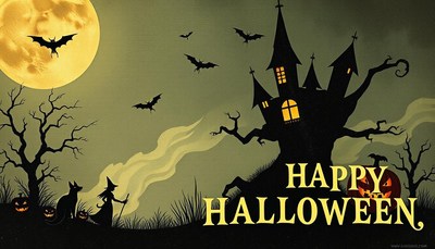 Spooky halloween night at haunted house with bats
