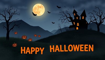 Spooky halloween night with pumpkins and full moon