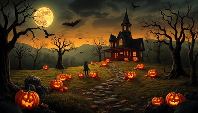 Spooky halloween evening at a haunted house
