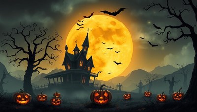 Spooky halloween night with haunted house and pumpkins