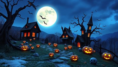 Spooky halloween night with pumpkins and bats