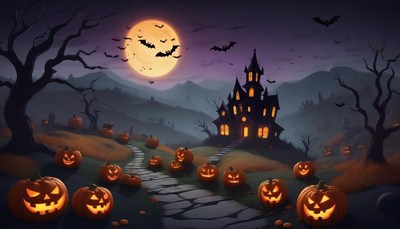 Spooky halloween night with pumpkins and haunted house