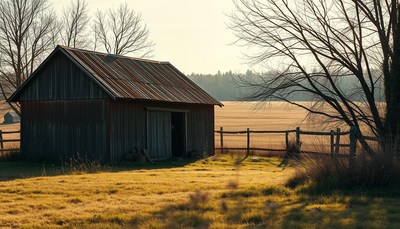 Rustic barn in sunlit meadow during autumn afternoon