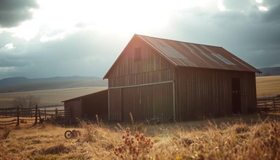 Rustic barn at sunset in open pasture lands