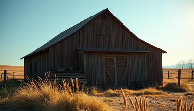 Rustic barn surrounded by golden grasses at sunset