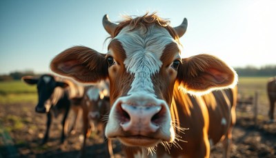 Close-up of cow in pasture during sunset