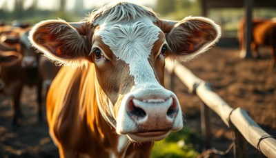 Brown cow in a pasture during golden hour
