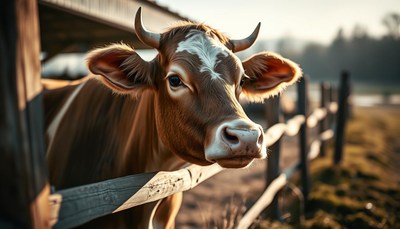 Curious cow by wooden fence at sunrise
