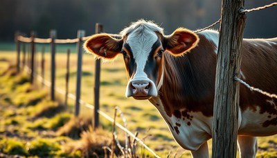 Brown and white cow by fence at golden hour