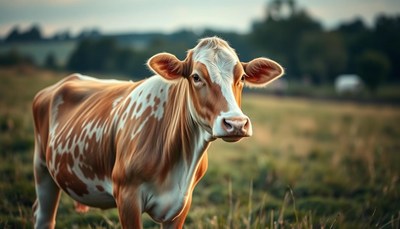 Brown and white cow grazing in green pasture at sunset