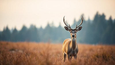 Deer standing in a meadow at dusk