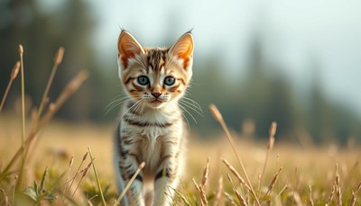 Playful kitten strolling through tall grass at dusk