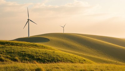 Wind turbines on rolling hills at sunset