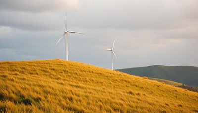 Wind turbines on golden hills under cloudy sky