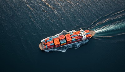 Cargo ship navigating open waters at sunset
