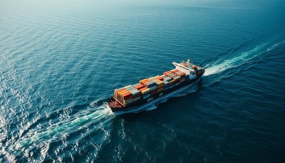 Cargo ship navigating calm ocean waters at sunset