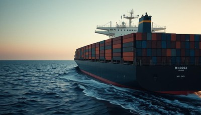 Container ship navigating calm waters at sunset