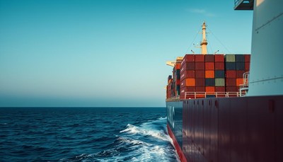 Cargo ship sailing through clear ocean waters