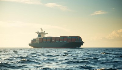 Container ship sailing on calm ocean at sunset