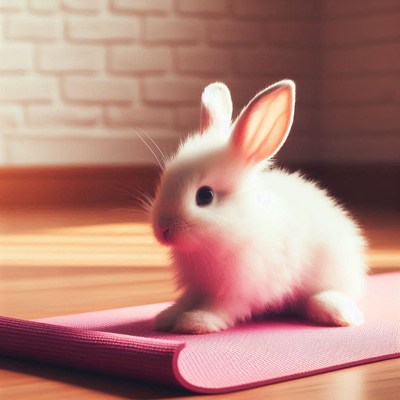 White bunny practicing yoga on a pink mat indoors