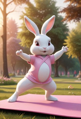 Rabbit performing yoga in a sunny park