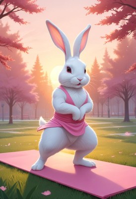 Yoga-posing bunny in spring park at sunset