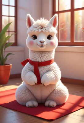 Cute alpaca sitting on mat with ribbon in bright room
