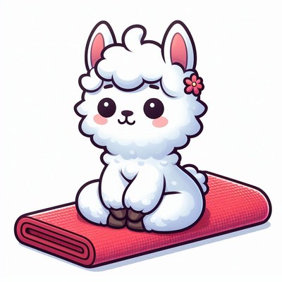 Cute cartoon alpaca sitting on red mat