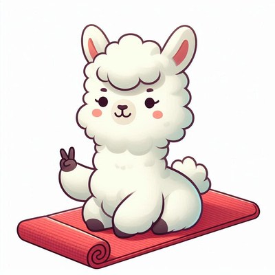 Cartoon alpaca relaxing on a red mat