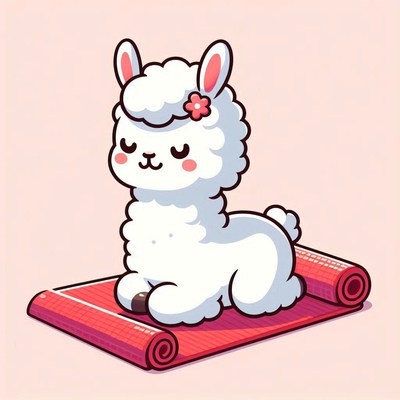 Cute white alpaca sitting on a red yoga mat