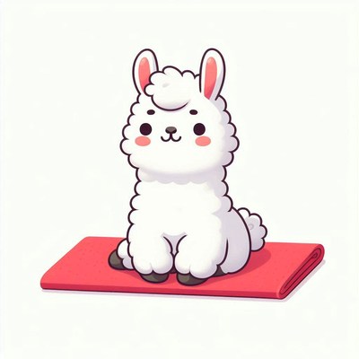 Cute cartoon alpaca sitting on red mat