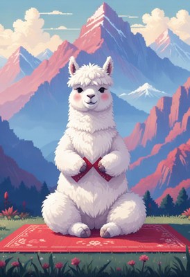 Calm alpaca practicing yoga in mountain landscape