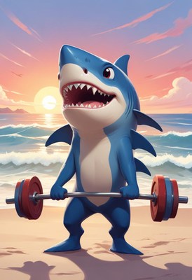 Shark character lifting weights at sunset beach