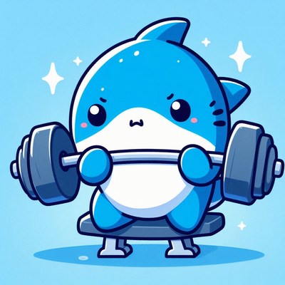 Cute cartoon shark lifting weights in fitness center