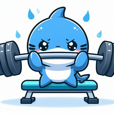 Cartoon shark lifting weights in gym setting